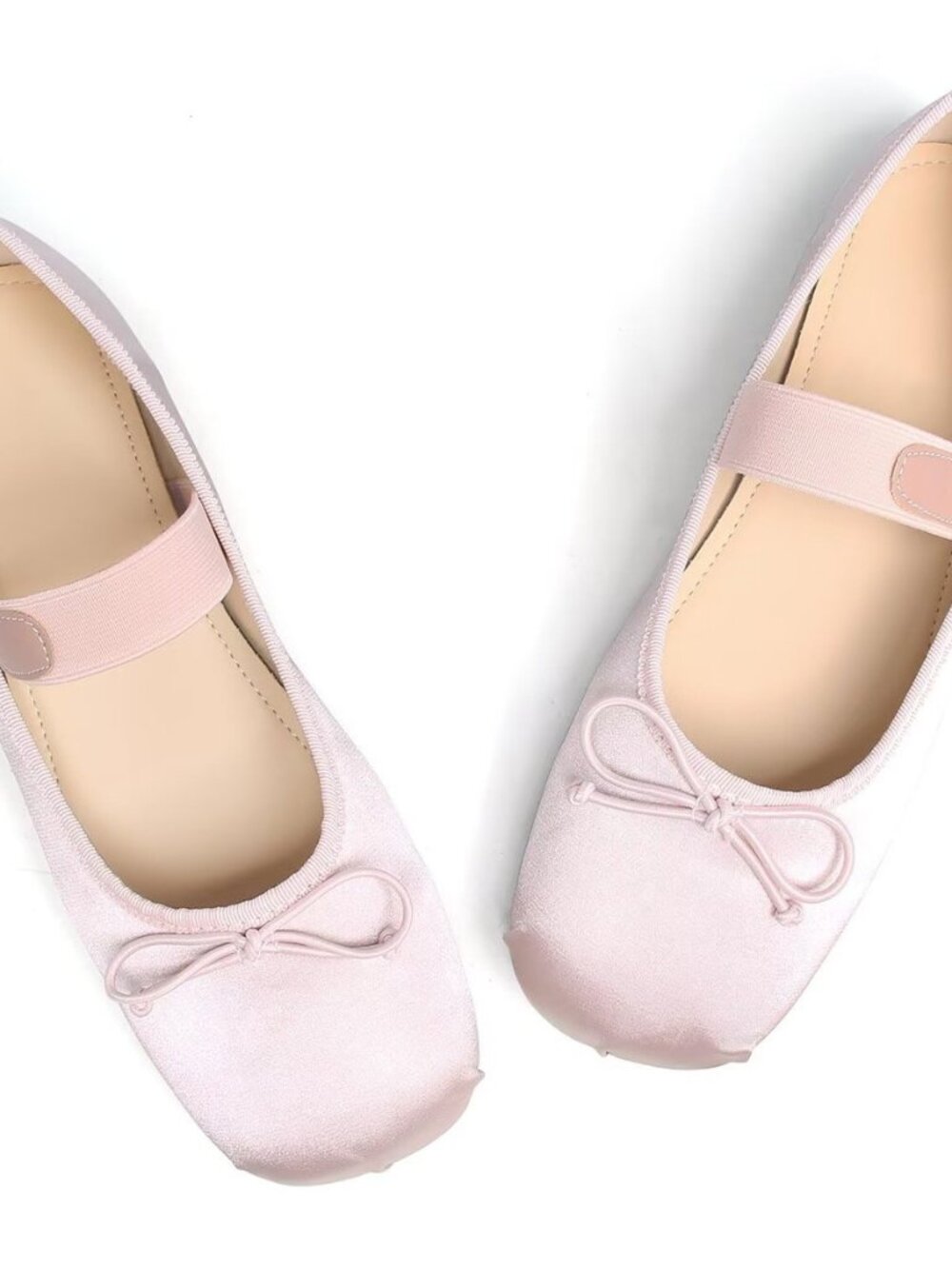 Women's Satin Mary Jane Ballet Flats Square Toe Bow Knot Elastic Strap Slip On